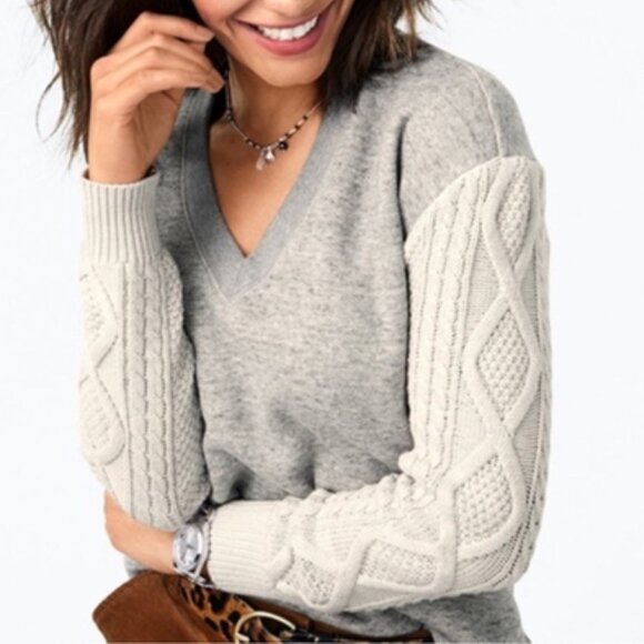 CAbi Tops - Cabi Fusion V-Neck Cropped Sweatshirt with Cable Knit Sleeves